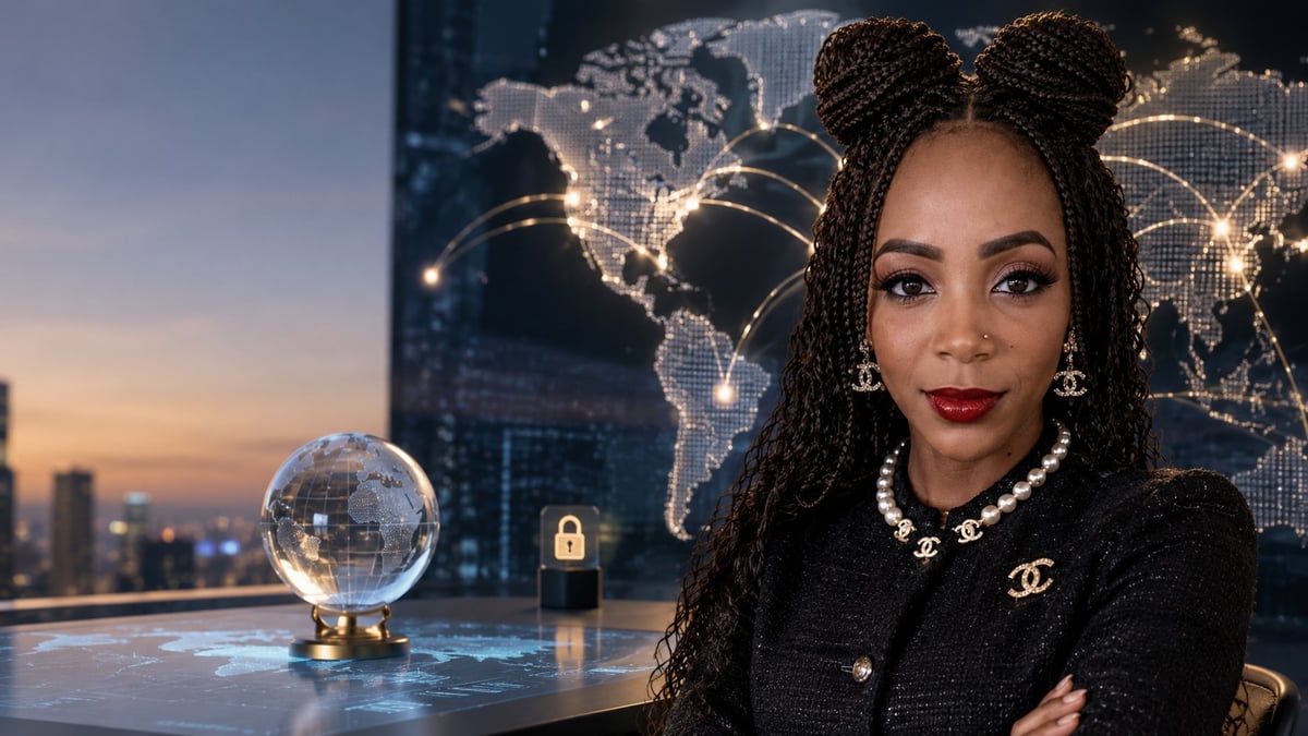 Woman with braided hair in black outfit against futuristic world map background with illuminated globe and city skyline at sunset