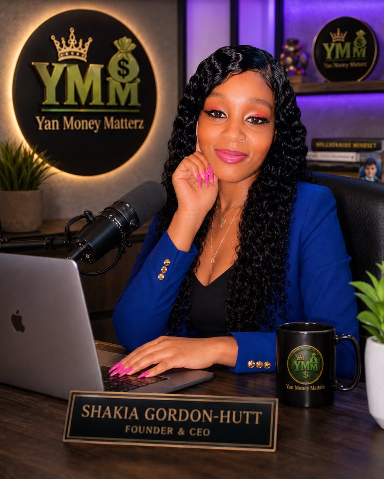 Shakia Gordon-Hutt, Founder and CEO of Yan Money Matterz, at her desk with laptop, microphone, and branded mug in her studio