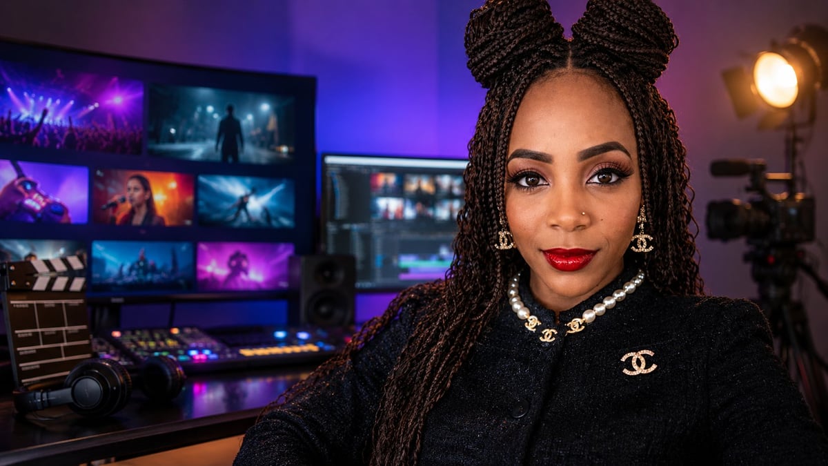 Woman with braided hair and red lipstick in a gaming setup with purple lighting and multiple monitors in the background