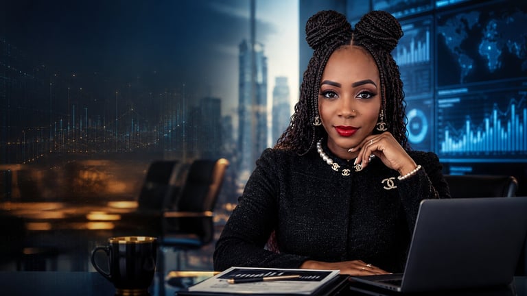 Professional Black woman with braided hair at desk with laptop, city skyline and financial data charts visible in background