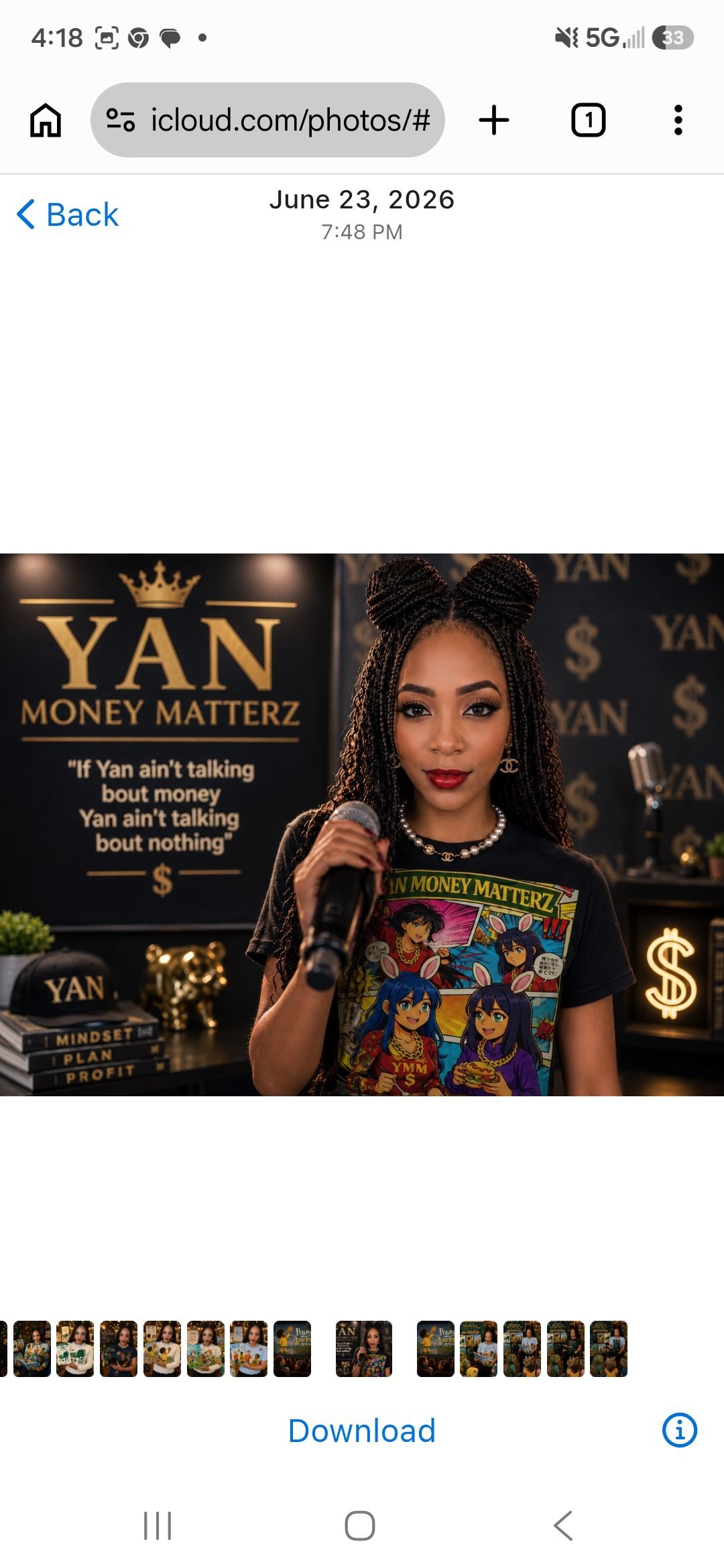 Woman holding microphone in front of YAN Money Matterz branded backdrop with gold crown and dollar sign logos
