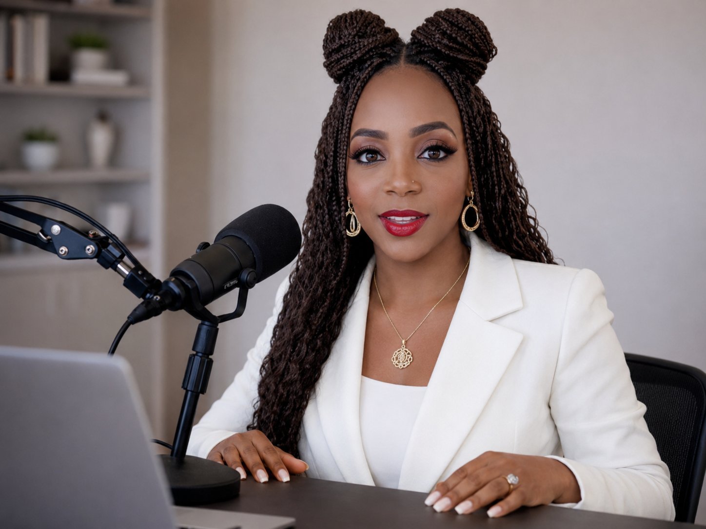 Woman in white blazer with braided hair and pink lipstick speaking into microphone at desk with laptop