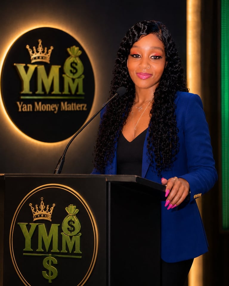 Woman in blue blazer standing at podium with Yan Money Matterz logo backdrop