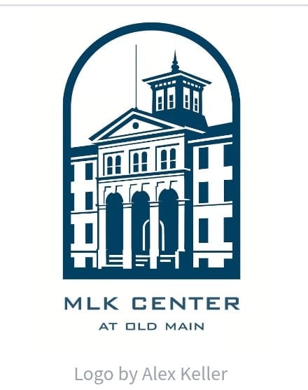 MLK Center at Old Main logo featuring a historic building silhouette with columned entrance and cupola tower, designed by Alex Keller