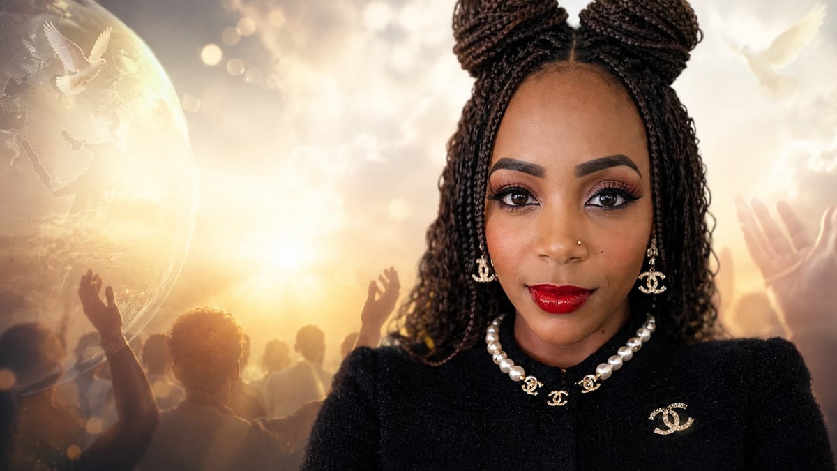 Woman with box braids styled in buns, wearing red lipstick, pearl necklace, and black top against glowing concert crowd background