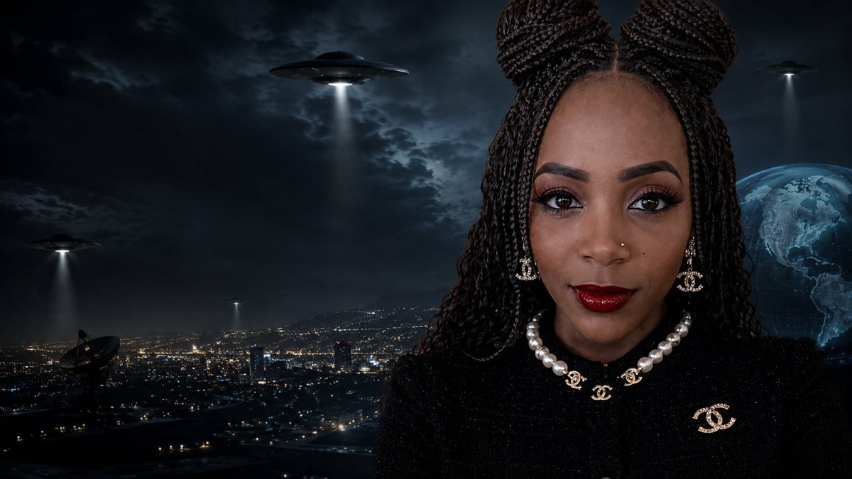 Woman with braided hair and red lipstick wearing luxury necklace and brooch, with UFOs and city lights in a dark sci-fi themed background